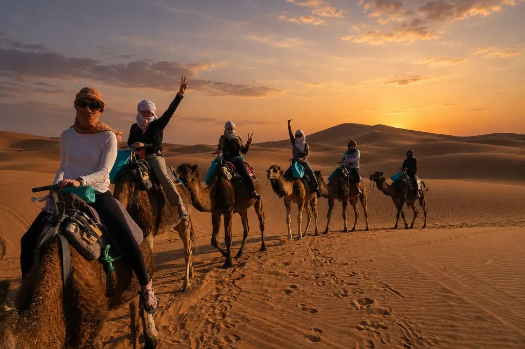 Camel caravan crossing golden Sahara dunes at sunset