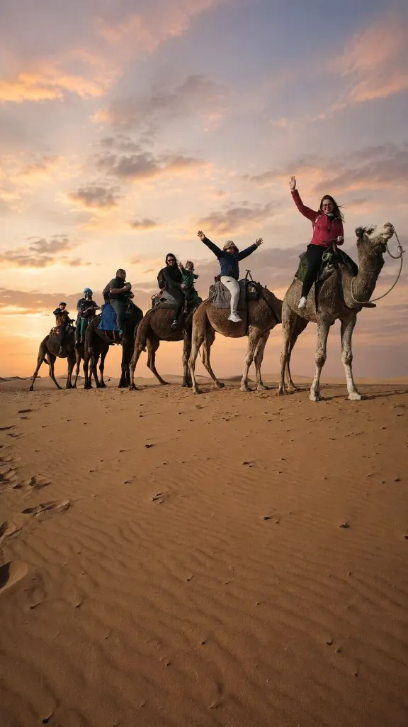 A small private camel caravan crossing the dunes at sunset