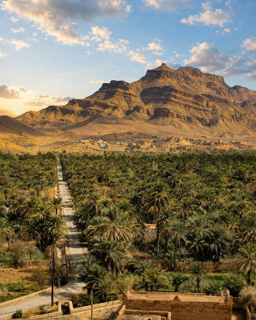 Palm oasis valley with a road winding through the grove on the approach to the Sahara
