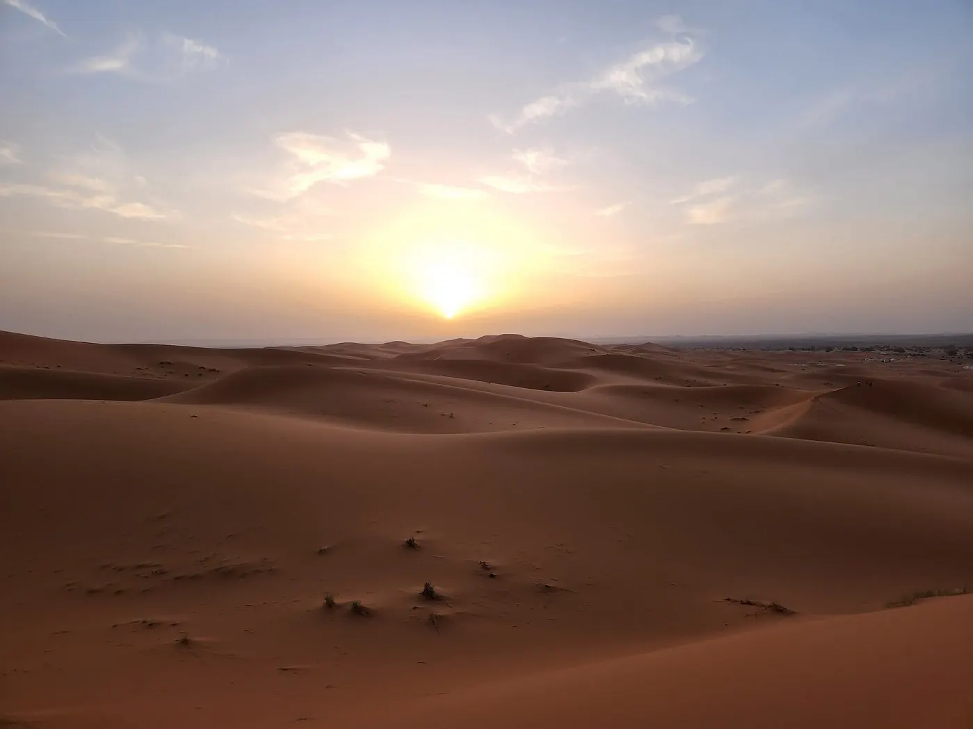 Golden Erg Chebbi dunes stretching to the horizon at sunset