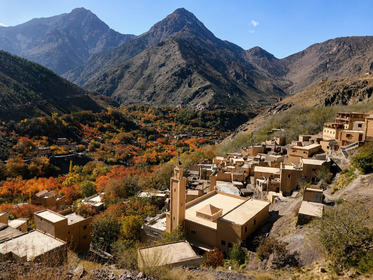 Berber village in the Atlas Mountains surrounded by autumn colour